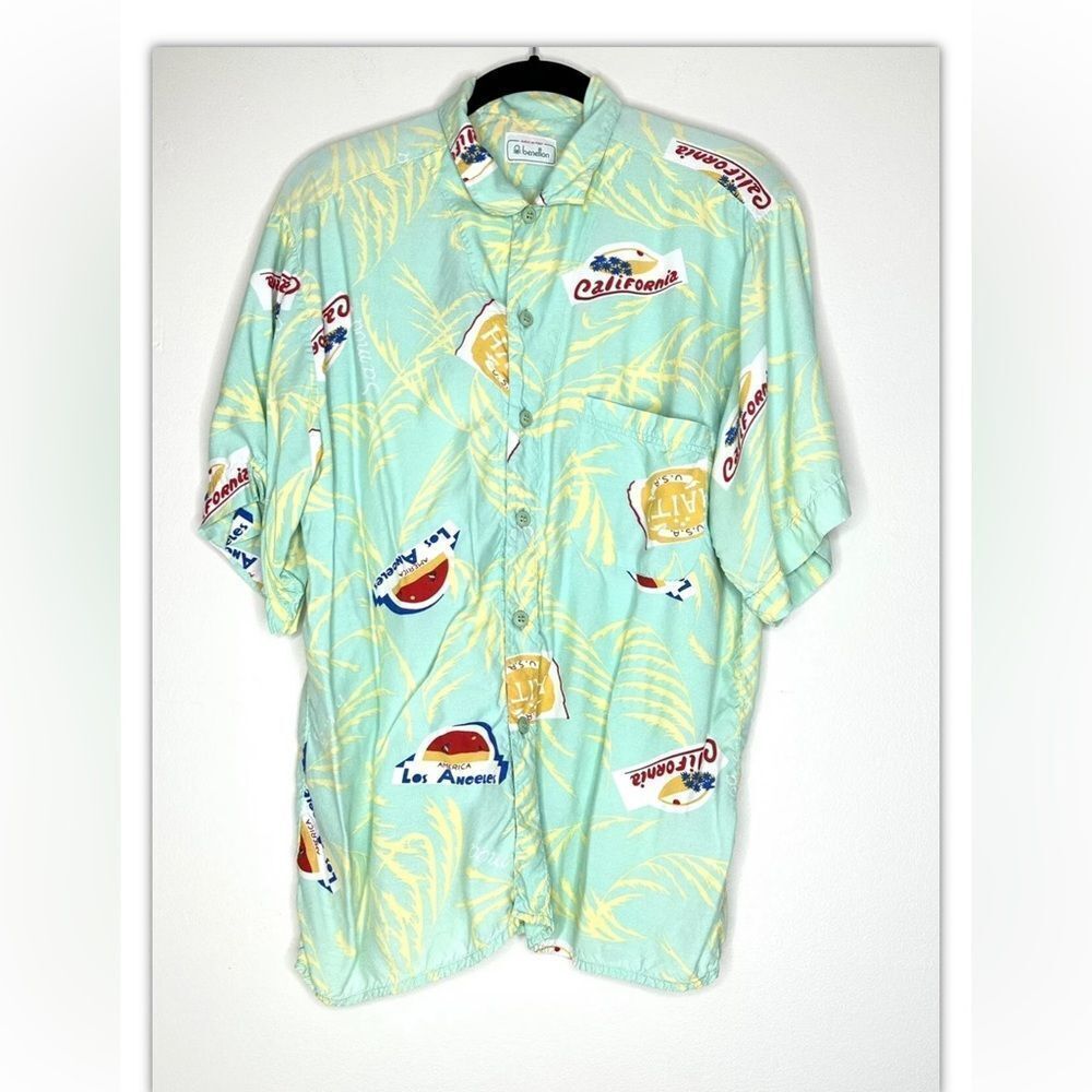 Benetton Mens Button Up Hawaiian Shirt Italy California Haiti Cotton vintage
